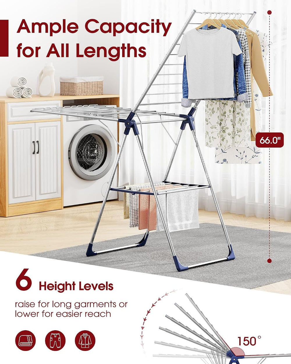 Sakugi Clothes Drying Rack, 69.5" Adjustable Wings, Foldable Design