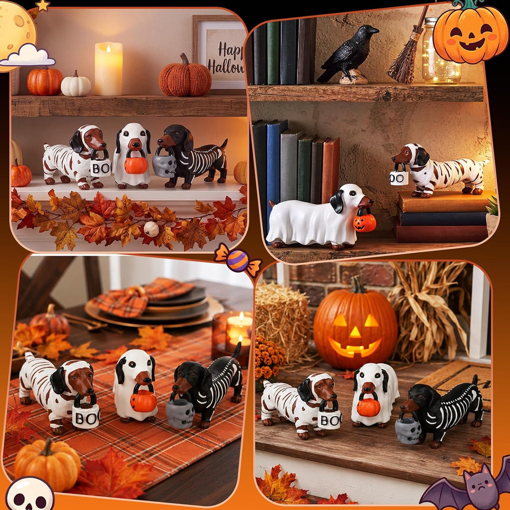 Pinkunn 3 Pcs Cute Dachshund Halloween Decor Resin Ghost Dog Table Figurine