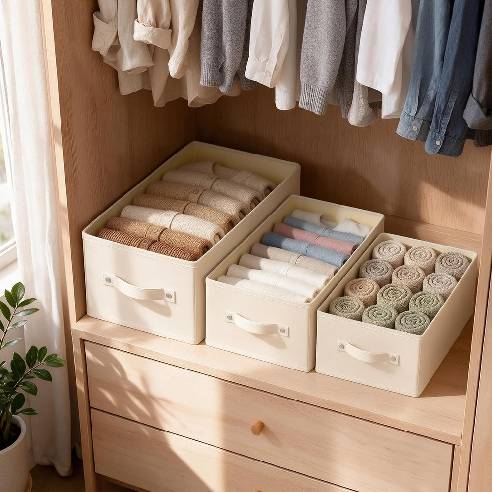Storage Boxes, Fabric Clothes Bins, 3 Pack, Beige, 16.1x9.8x6.5 In