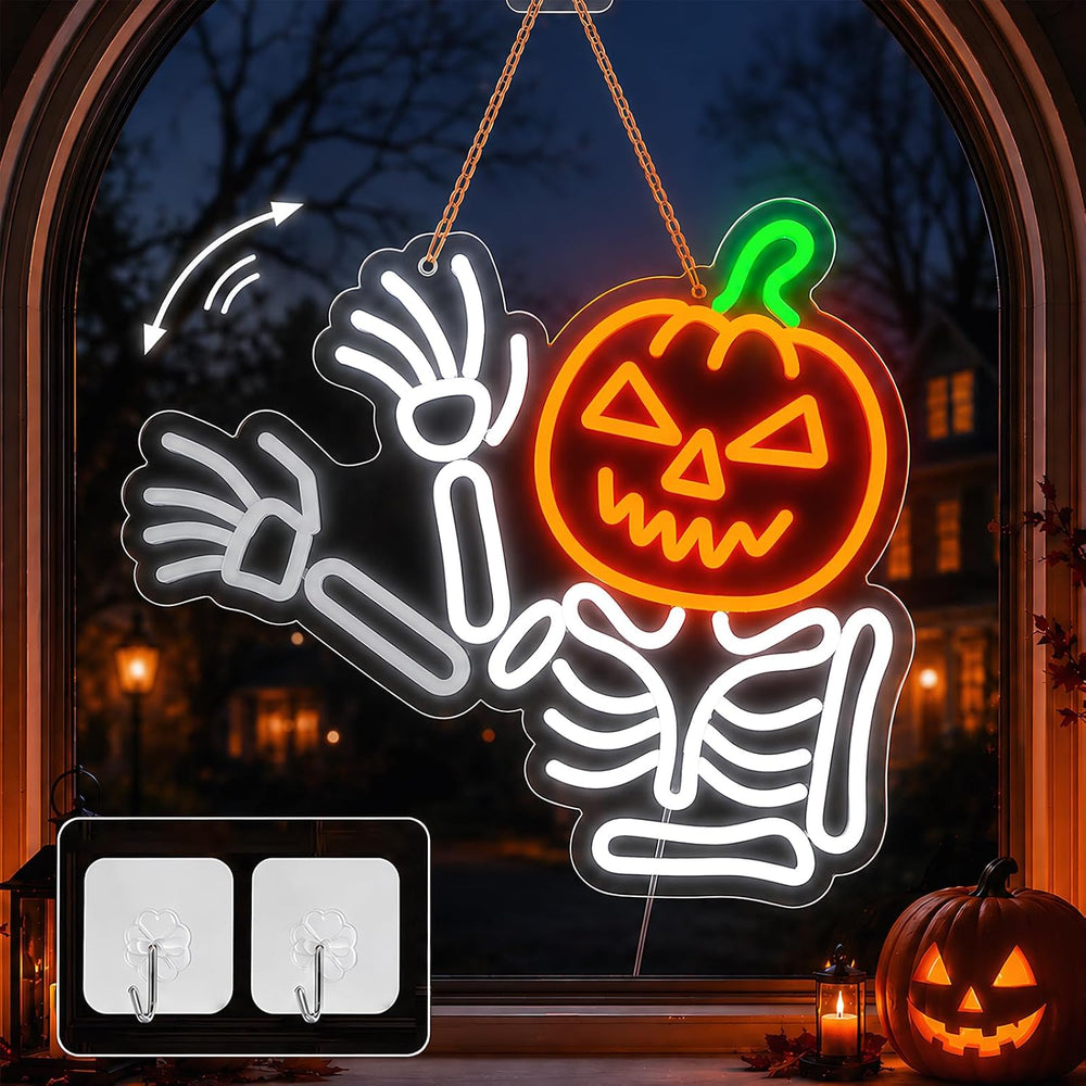 Waving Pumpkin Skeleton Neon Sign, Flashing Halloween Neon Sign, Dimmable Sku...
