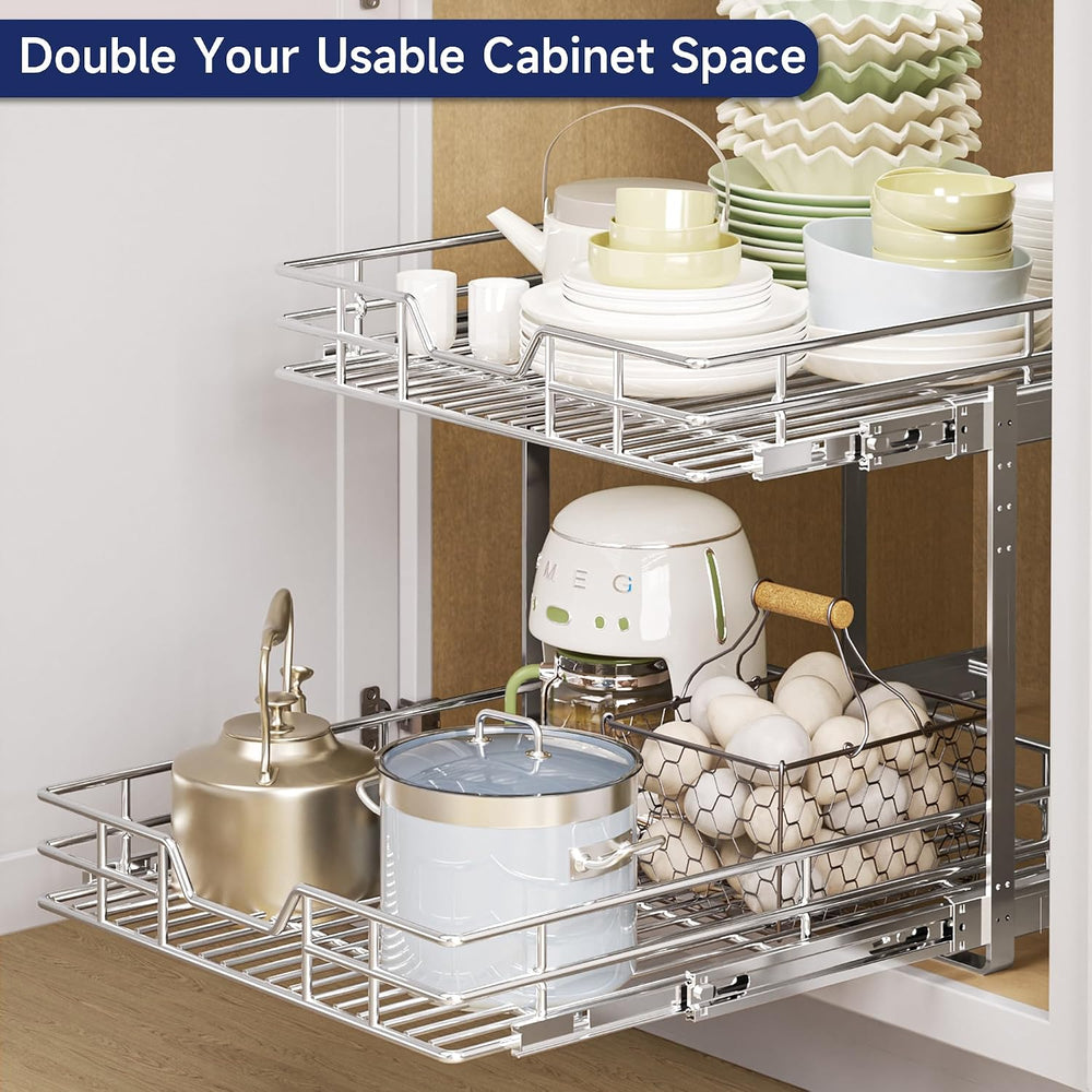 2-Tier Pull Out Cabinet Organizer, 19.5" W x 21.5" D, Heavy Duty Du...