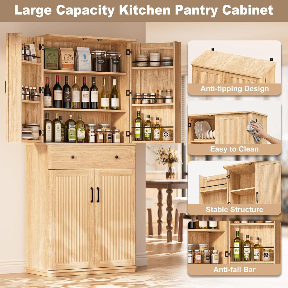 72" Tall Pantry Cabinet, Kitchen Storage Cabinet with 1 Drawer 2 Cabinet...