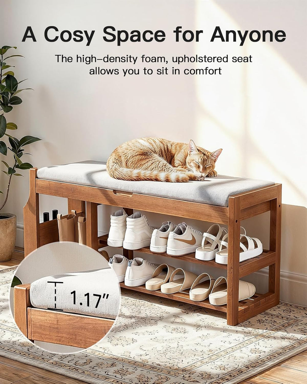 Pipishell 34" Pine Wood Shoe Bench Entryway with Soft Cushion and Storage