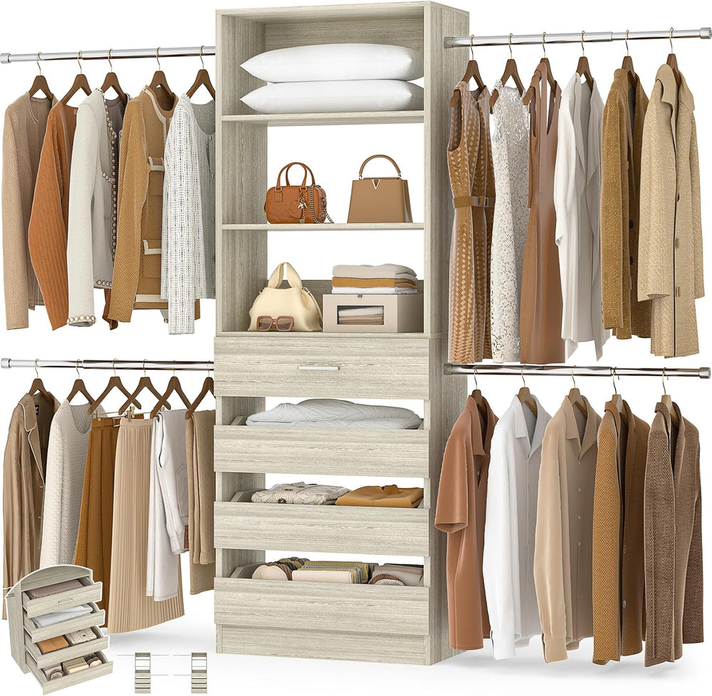 Aheaplus Closet System,4-9Ft Closet Organizer with 4 Wood Drawers,White Oak