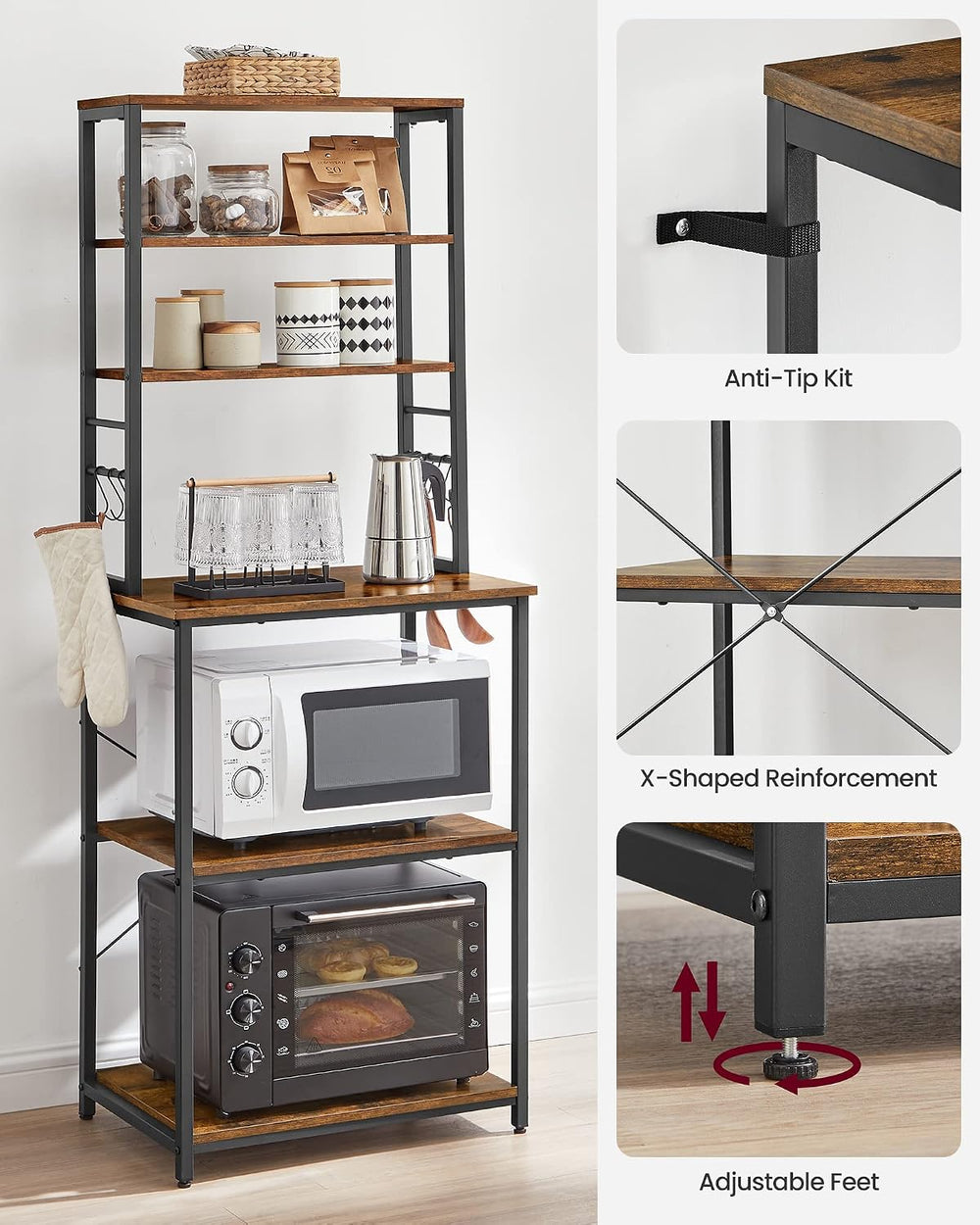 VASAGLE Coffee Bar, 23.6 Inches 6-Tier Baker's Rack with 6 Hooks