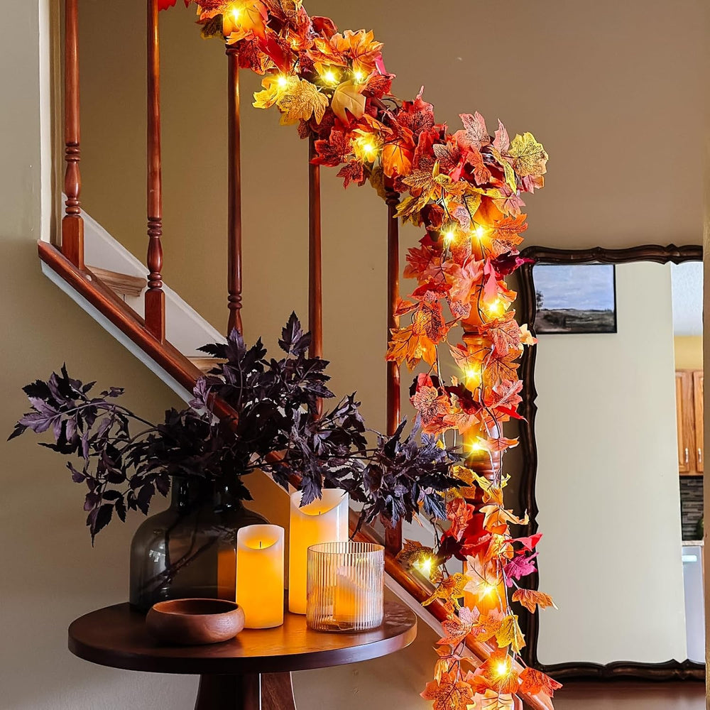8 Pack Fall Leaf Garland with Lights,Fall Decor Halloween Lights Artificial M...