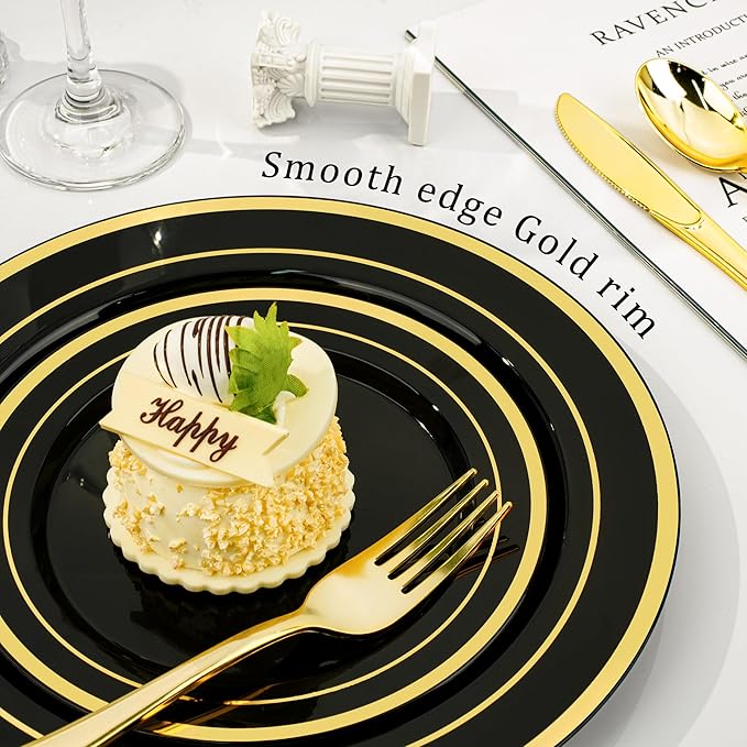 BESTVIP 350PCS Black Gold Dinnerware Set for 50 Guests, Plastic Plates for Ha...