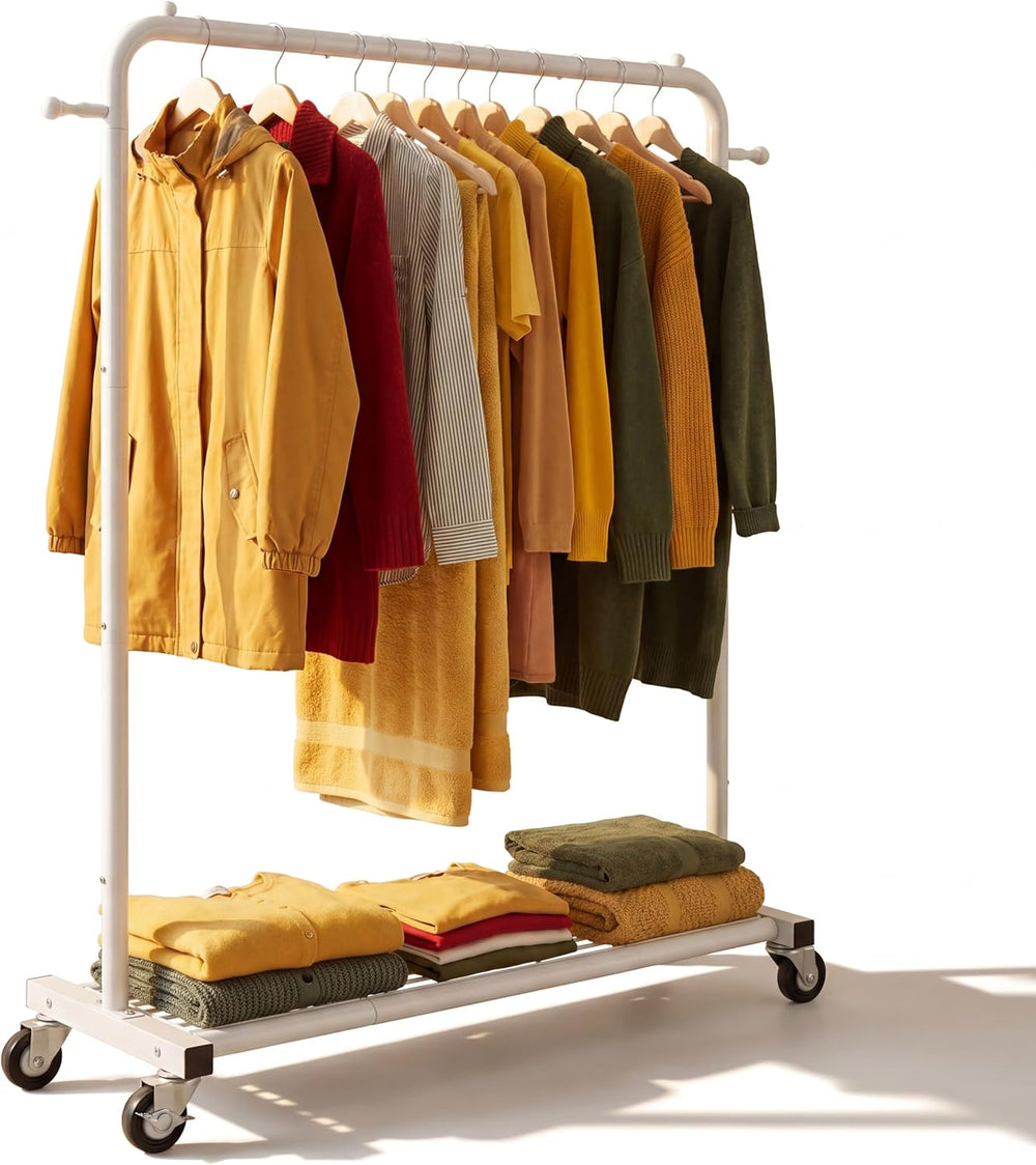 Sywhitta Metal Clothing Rack on Wheels with Mesh Shelf, for Clothes,White