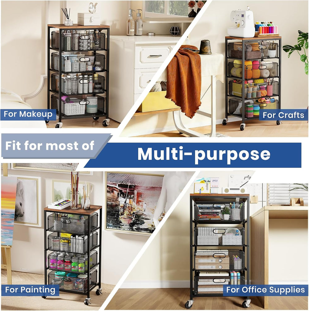 Goovilla Kitchen Cart with Drawers, Lockable Wheels with Wooden Top, Black
