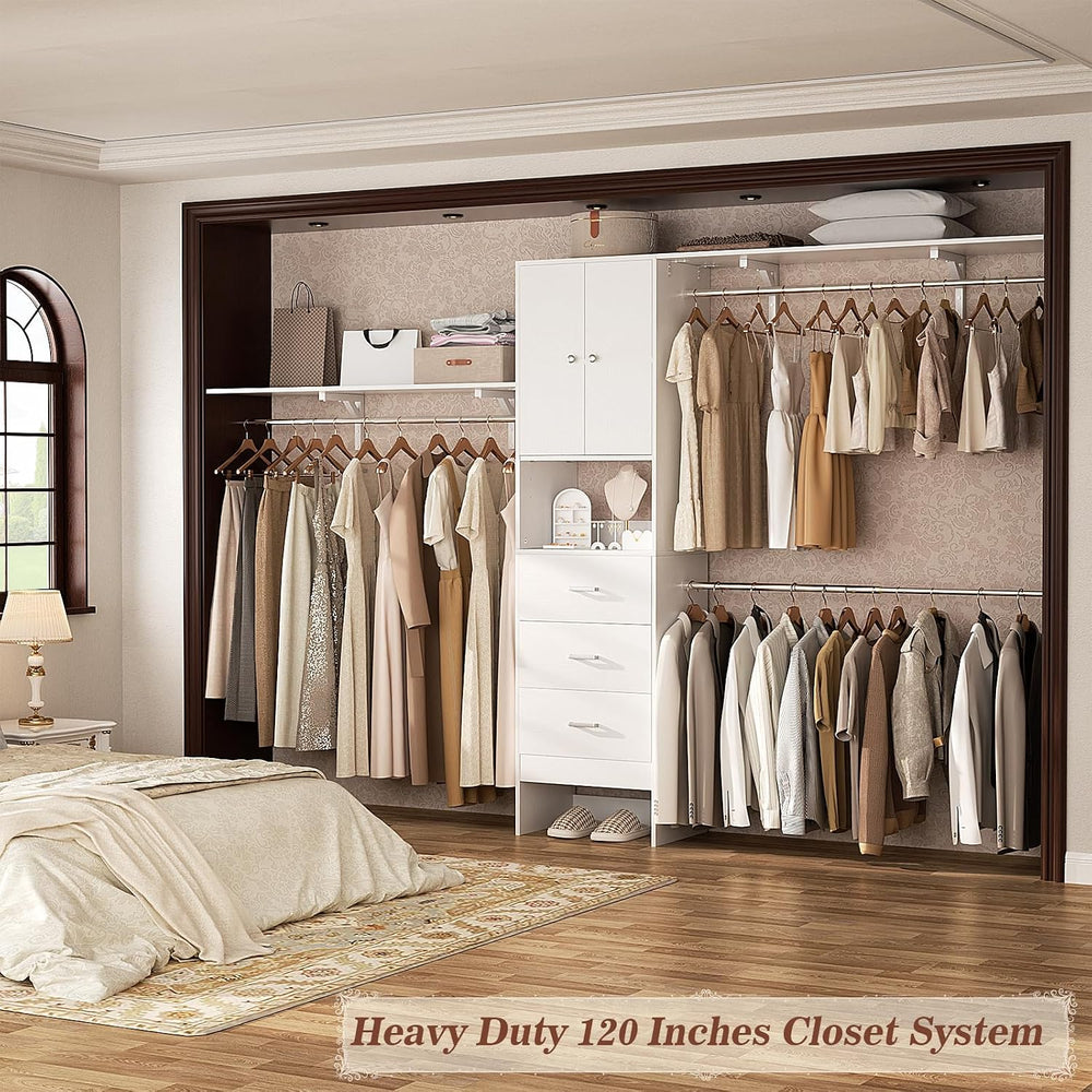 120 Inches Closet System With Doors, 10FT Walk In Closet Organizer with 3 She...