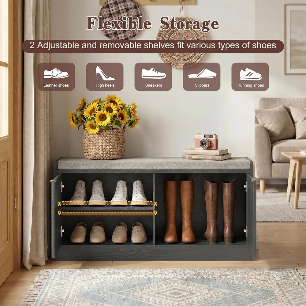 2-Tier Fluted Shoe Storage Bench with Adjustable Shelves and Cushion, Black丨E...