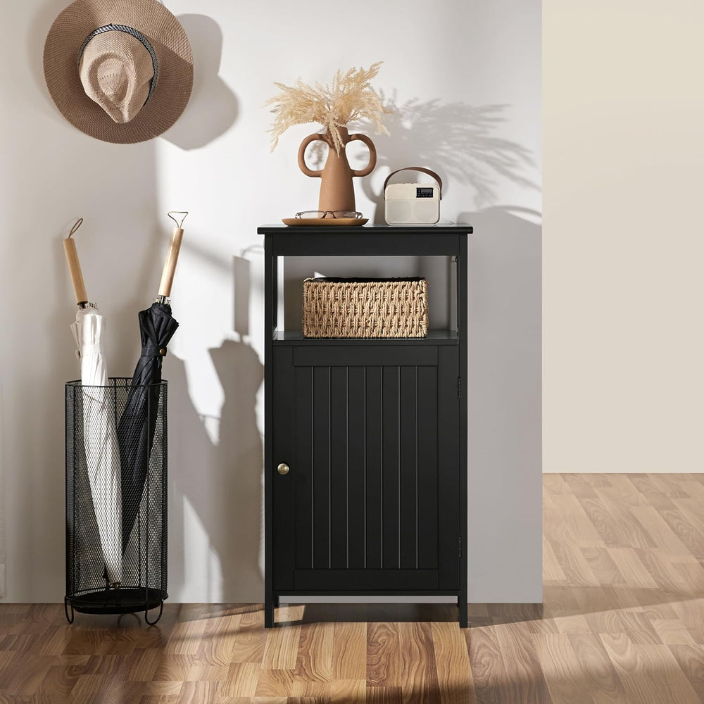 Yaheetech Small Bathroom Storage Cabinet with Door & Open Shelf, Black