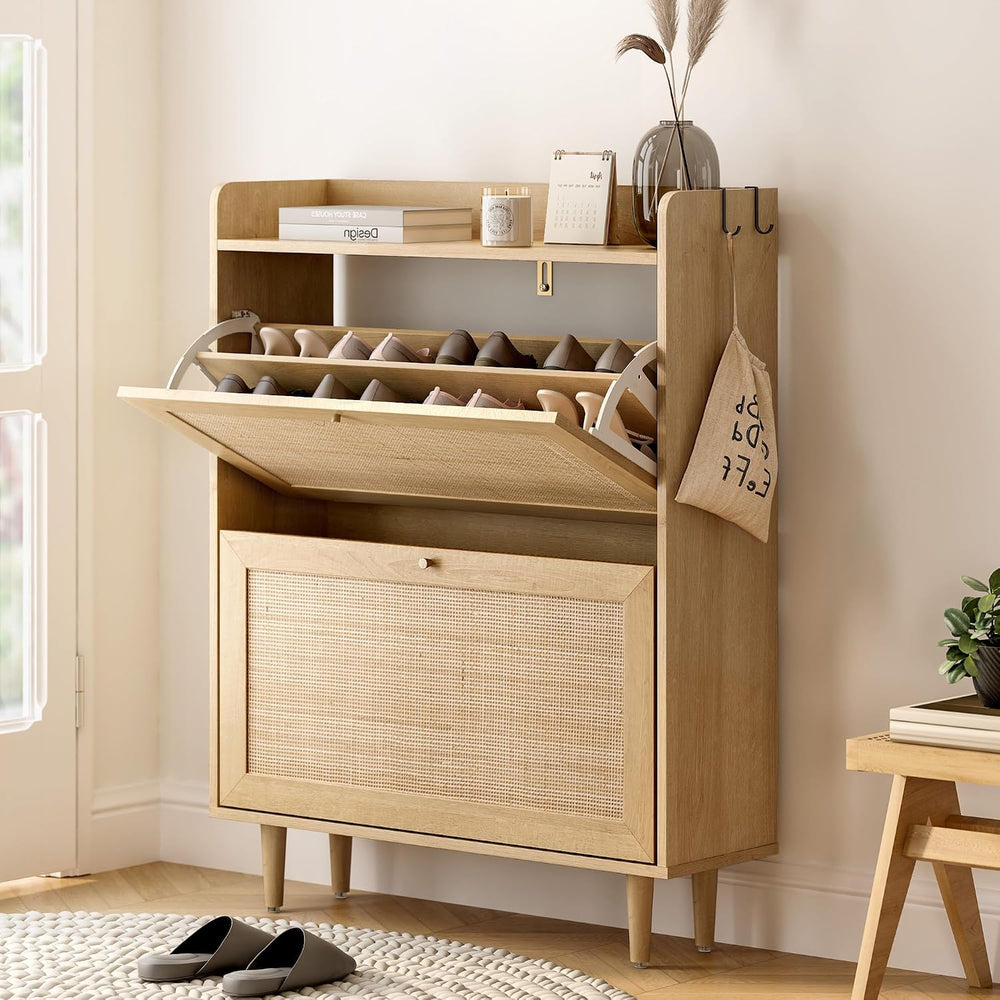 Rattan Storage Shoe Cabinet with 2 Flip Drawers Set of 2, Farmhouse Freestand...