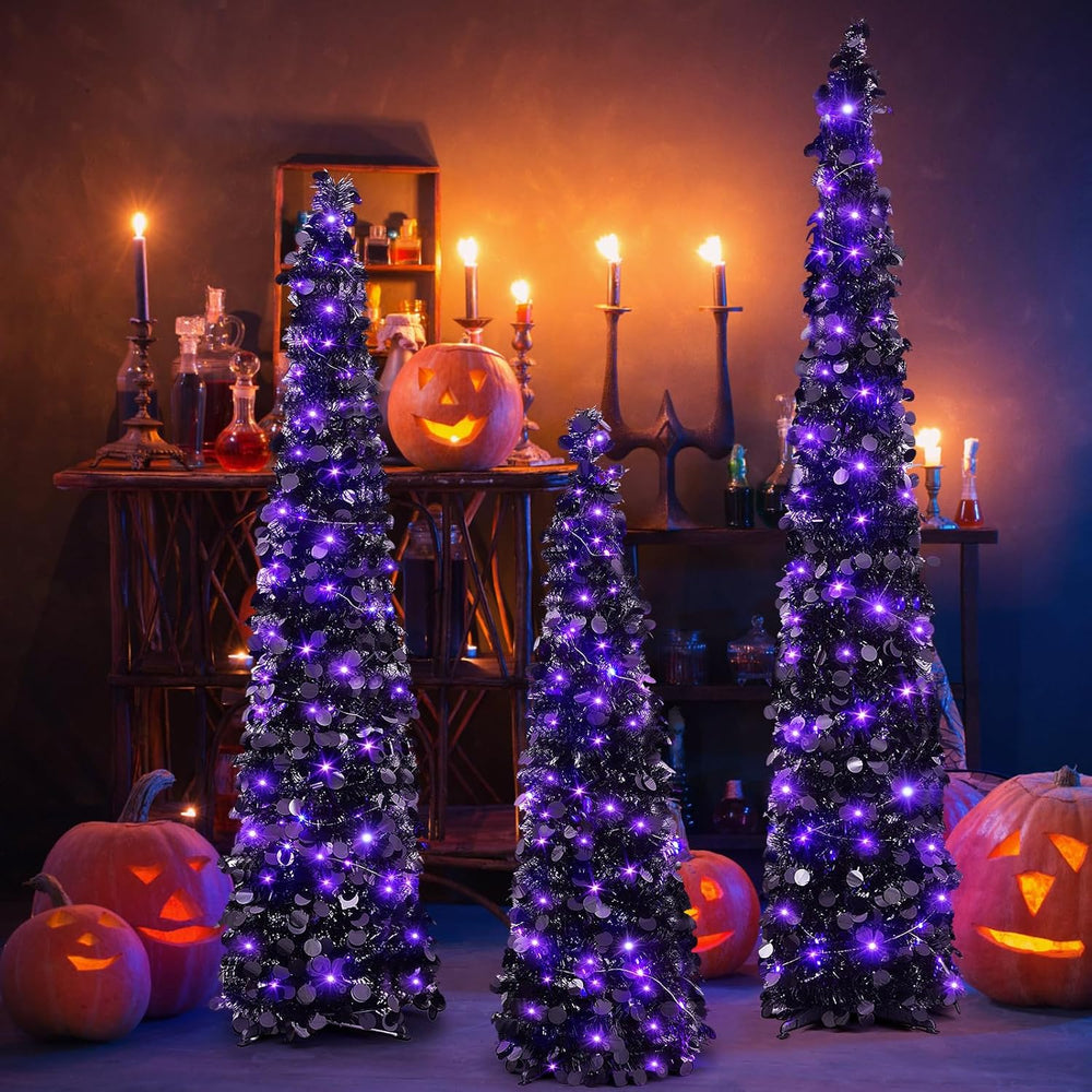 Shappy 3 Pcs 4/5/6 Ft Black Tinsel Halloween Tree with Purple Lights