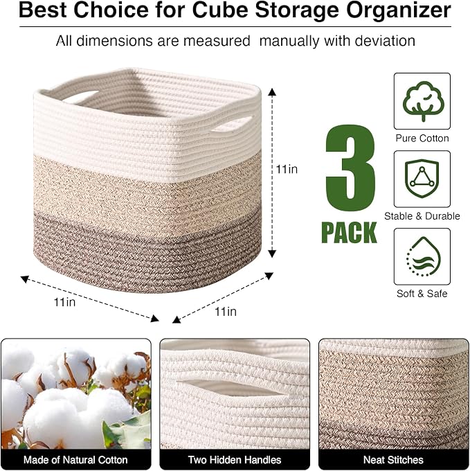 11 Inch Cube Storage Bins, Storage Cube Organizer Bins, Woven Cotton Rope (Pa...