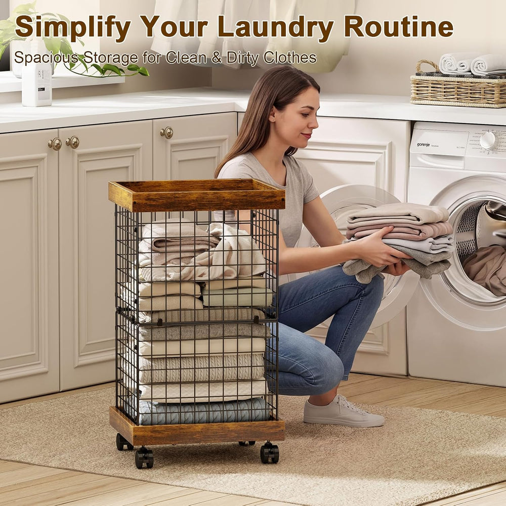 Laundry Basket with Wheels, Rolling Hamper Wooden Wire Laundry Bin