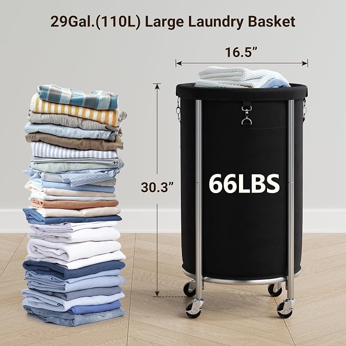 ELYKEN Laundry Hamper with Wheels, 110L Rolling Laundry Basket, Round Laundry