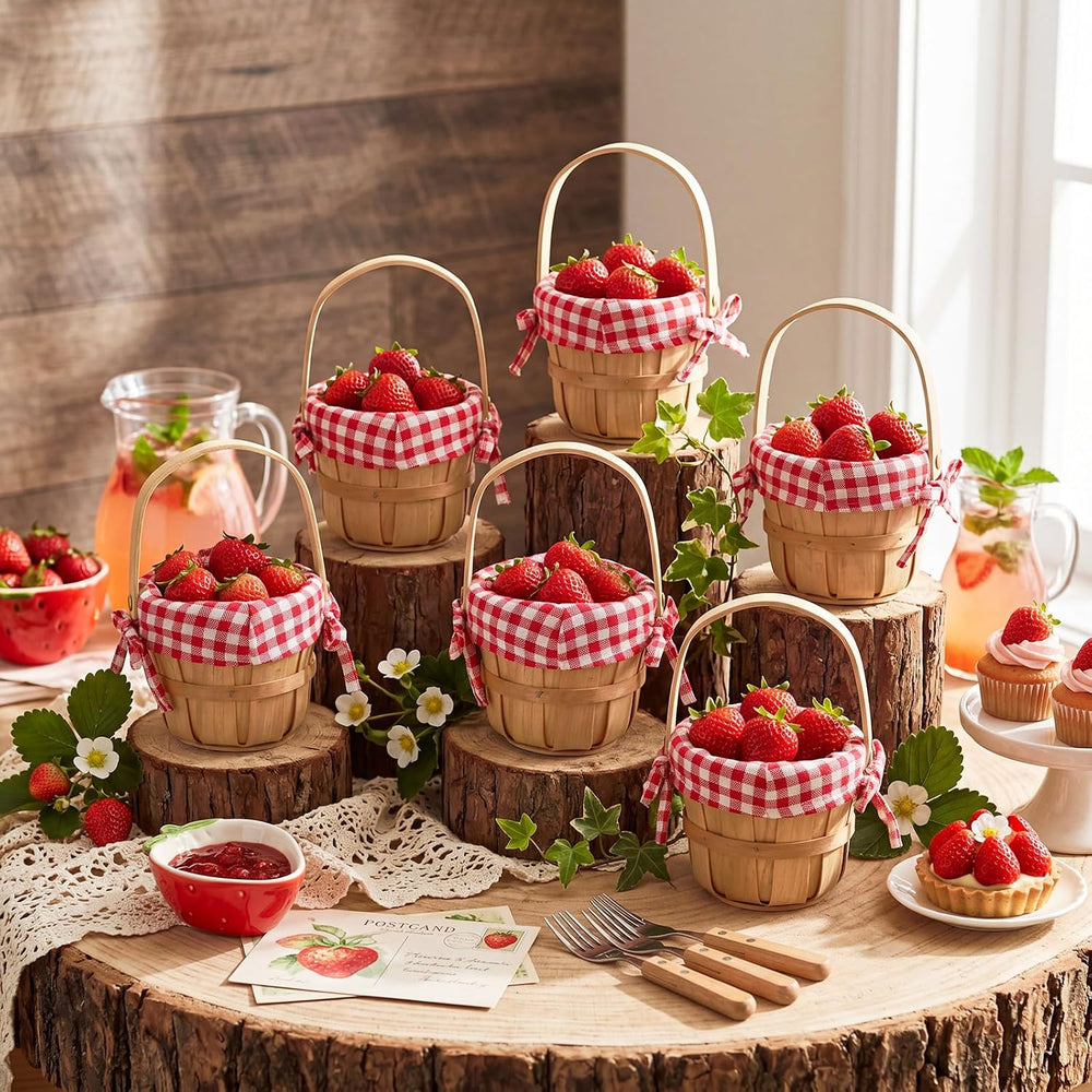 6 Pcs Mini Picnic Basket with Handle, Red White 4.7 X3.9in