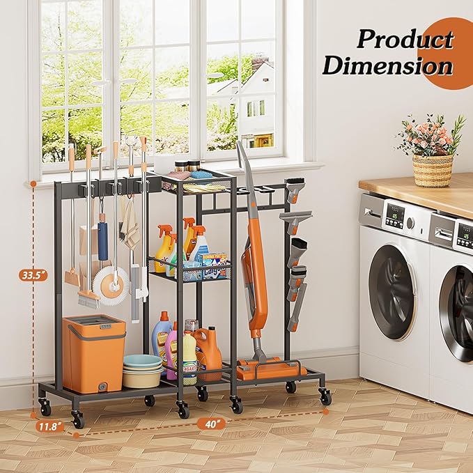Broom Holder with Cleaning Supplies Organizer, Broom Closet Storage Cabinet