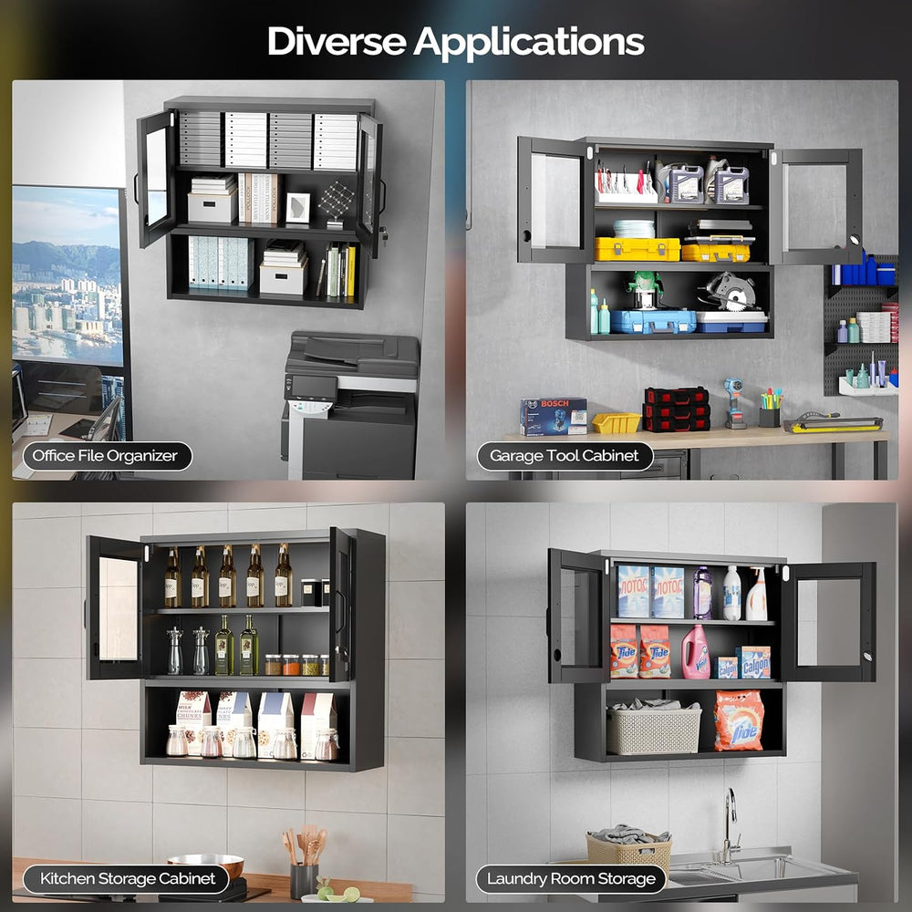 VINGLI Metal Wall Cabinet with Locking Glass Doors, Adjustable Shelf, Wall Mo...