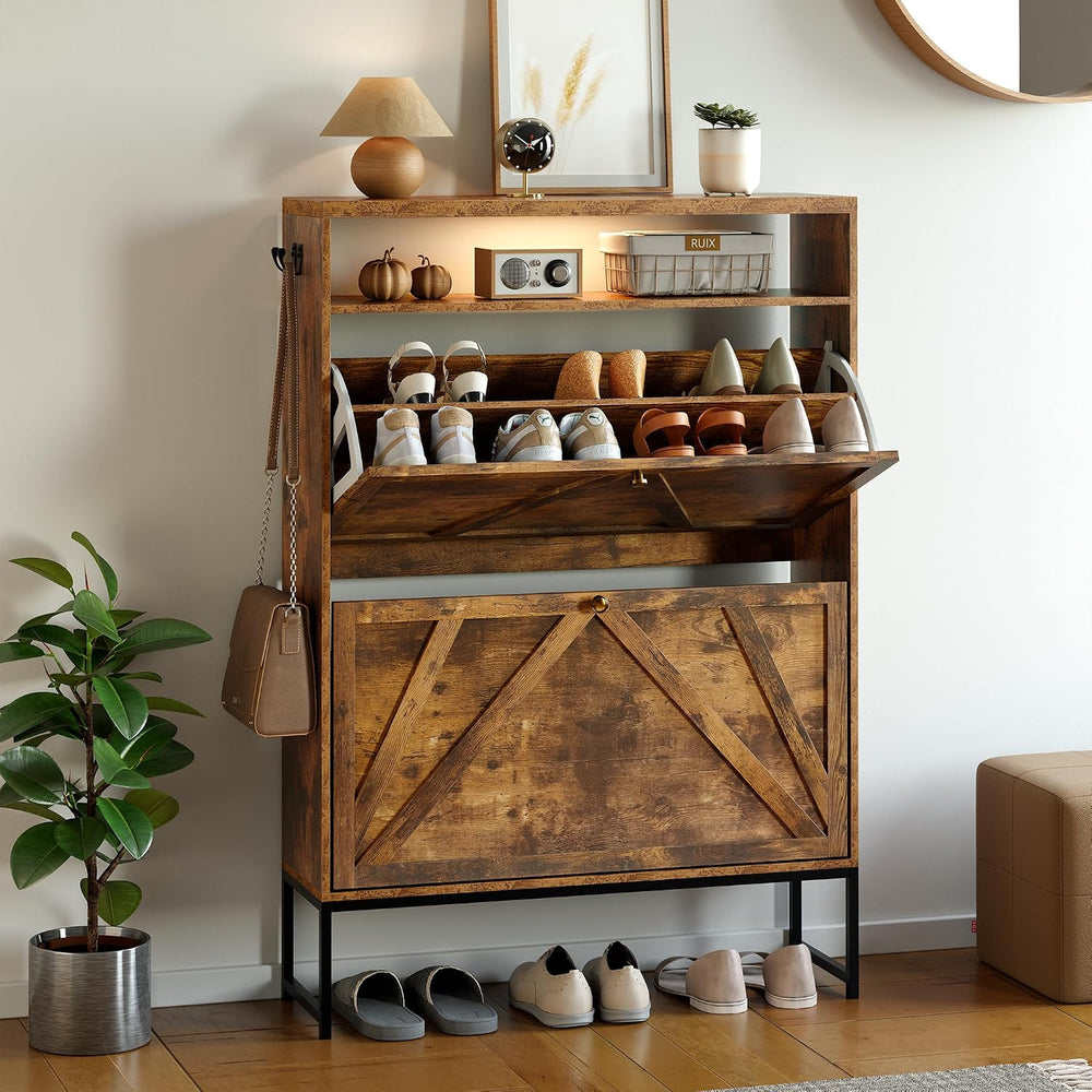 Shoe Storage Cabinet with 2 Flip-Up Doors, Freestanding Hidden Shoe Storage O...