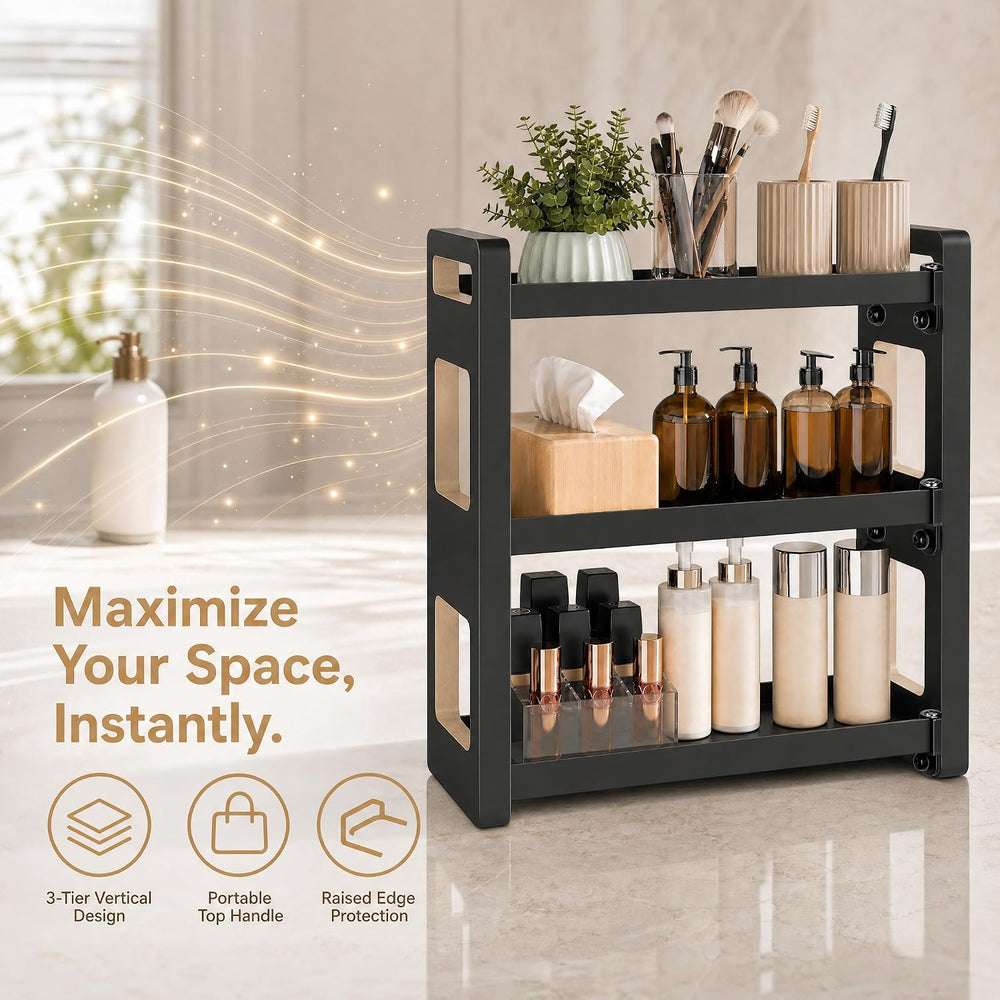 Narrow Solid Wood Bathroom Counter Organizer, Space-Saving Bathroom Storage R...