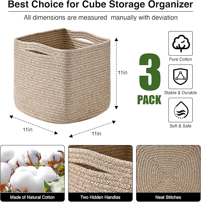 11 Inch Cube Storage Bins, Storage Cube Organizer Bins, Woven Cotton Rope (Pa...