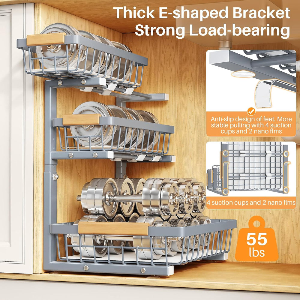 PXRACK Under Sink Organizer, 2-Pack 3-Tier Height Adjustable Thickened Metal ...