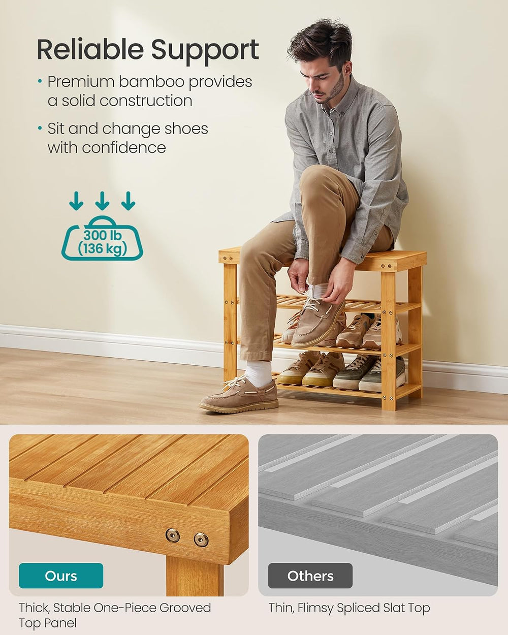 SONGMICS Shoe Rack Bench, 4 Tier Bamboo, 11.3 x 27.6 x 20.5 Inches