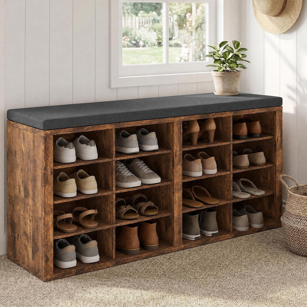 Shoe Rack Bench, Shoe Storage Bench with Cushion, Shoe Organizer 16 Cubbies f...