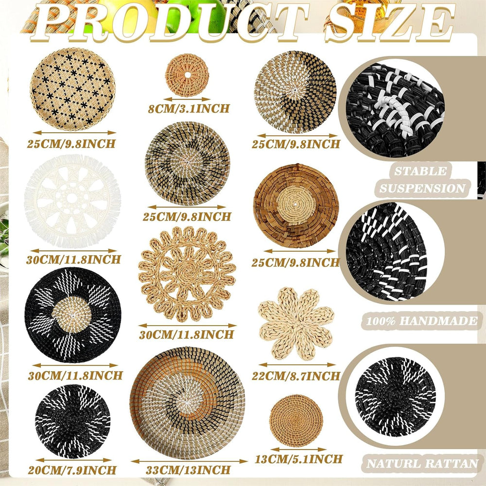 Xuhal 15 Pcs Boho Wall Basket Decor Handcrafted Seagrass Woven Wall Basket Ru...