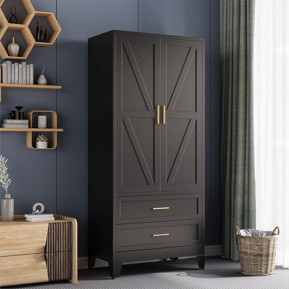 COFaR Black Metal Wardrobe Closet with 2 Drawers, 71" Steel Armoire Cabi...