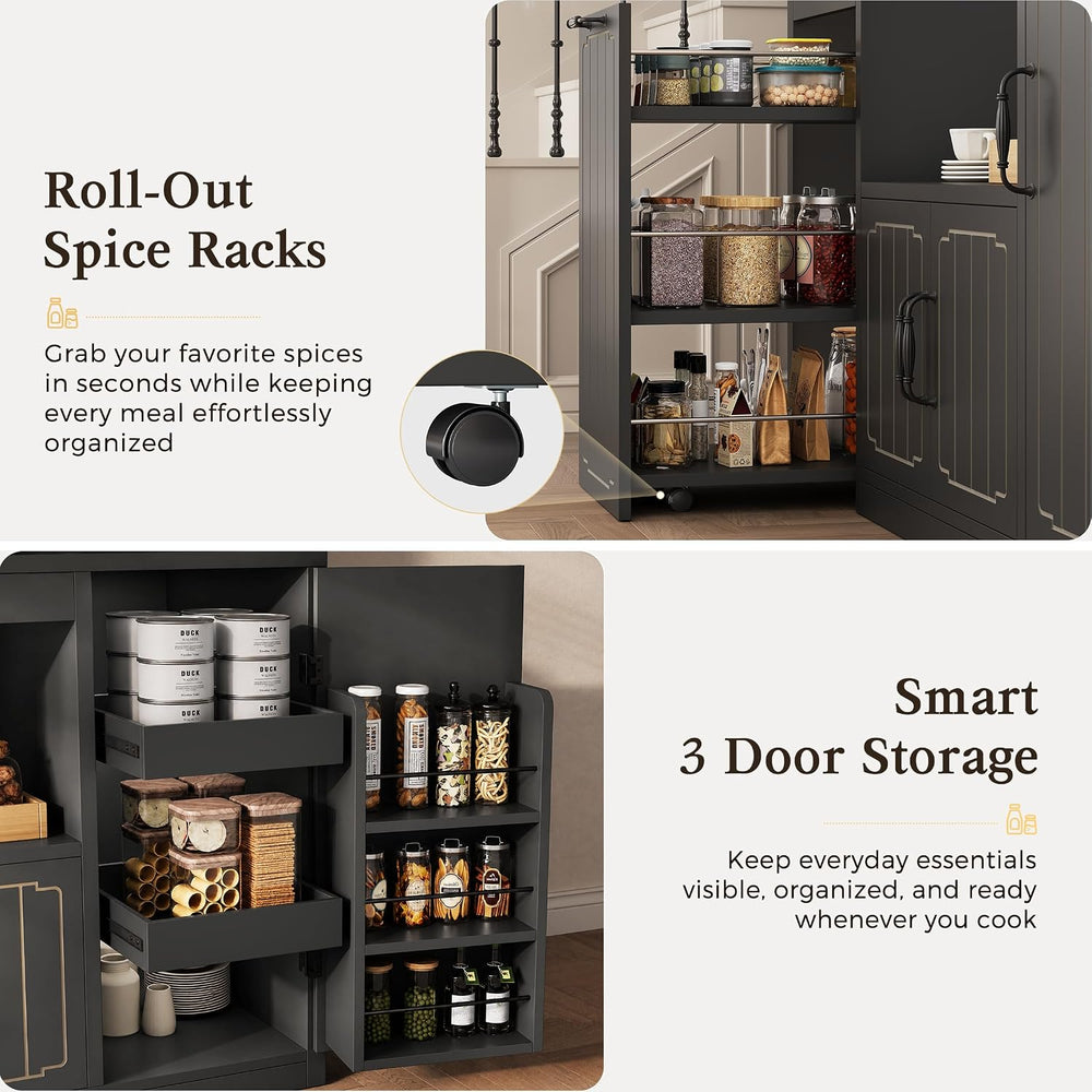 Fluted Kitchen Pantry Cabinet with Charging Station & LED Light, 47"...