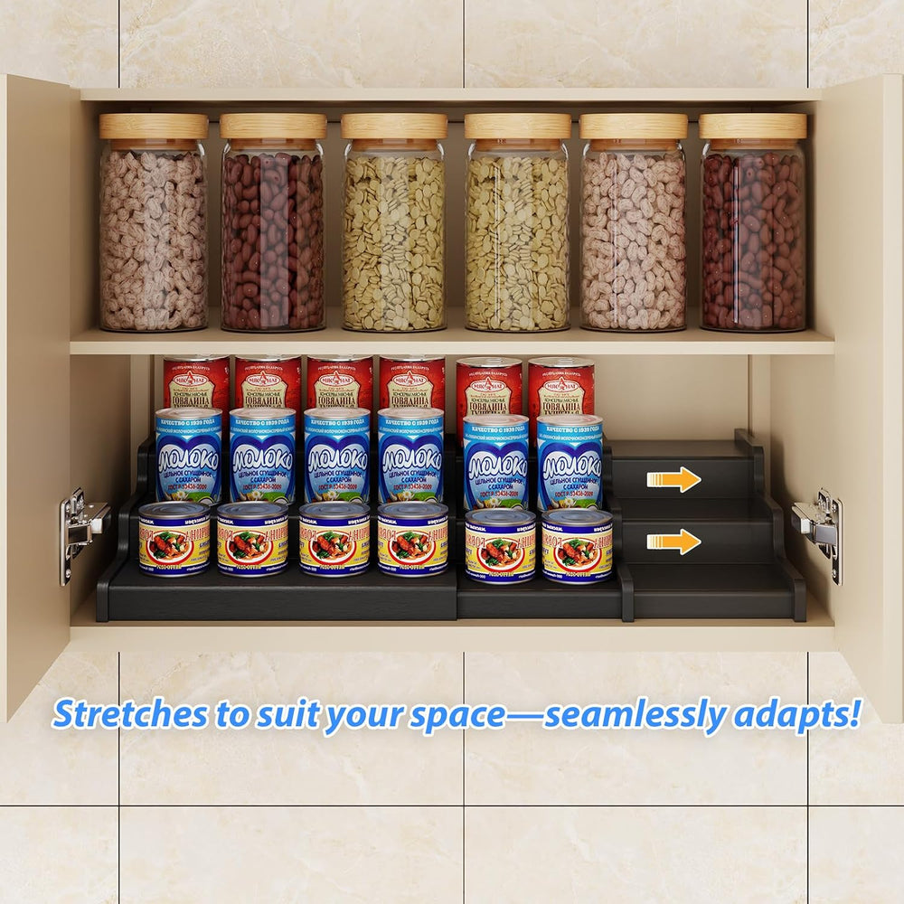 3-Tier Expandable Bamboo Can Organizer for Pantry, Holds 24 Cans, Black