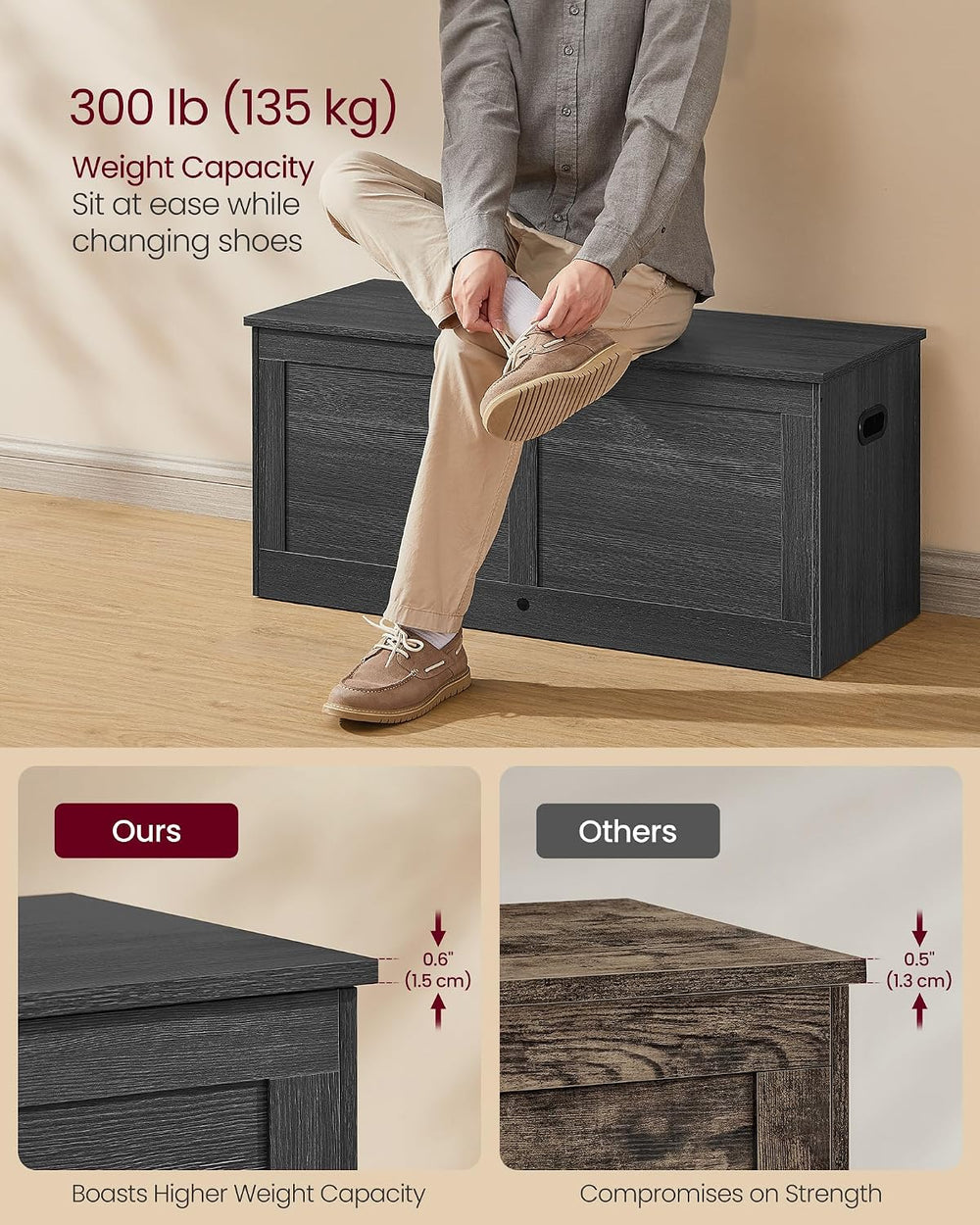 VASAGLE Storage Chest with 2 Safety Hinges, 15.7 x 39.4 x 18.3 Inches