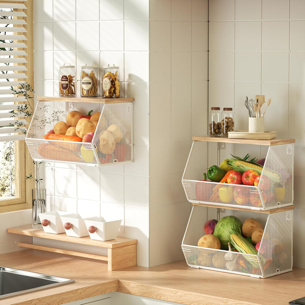 3-Pack Stackable Wire Basket with Wood Lid - Wall Mounted Fruit & Vegetab...