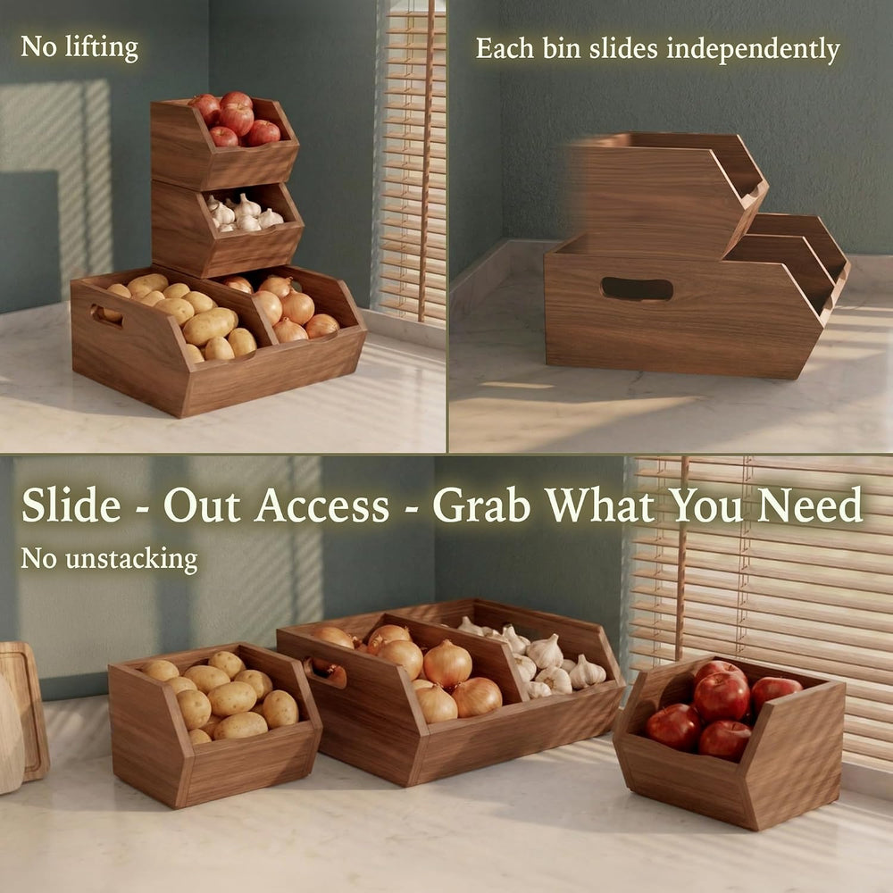 Acacia Pantry Storage Bins Set of 3, Stackable Potato Onion Wood Baskets
