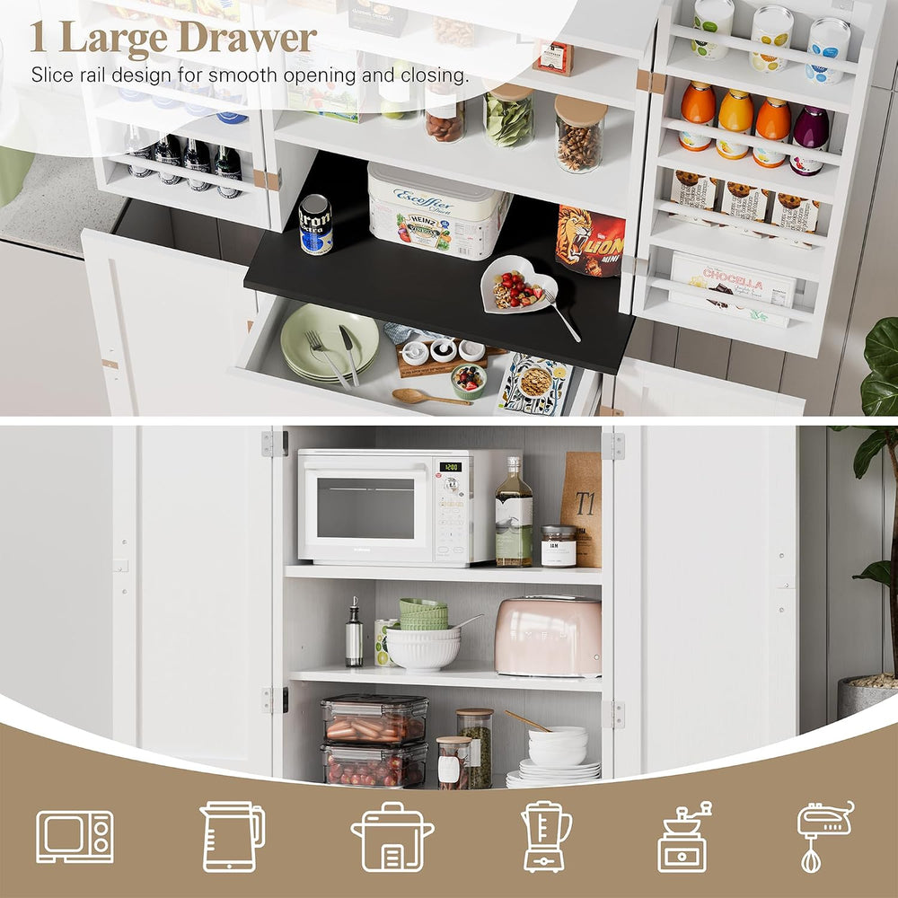 Vongrasig Kitchen Pantry Storage Cabinet with Barn Doors, Drawer & Shelves