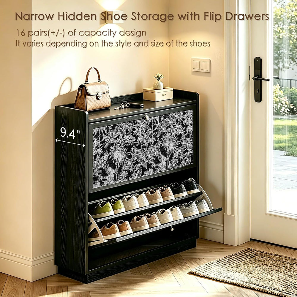 Slim Shoe Cabinet for Entryway with 2 Flip Drawers, Black Wood