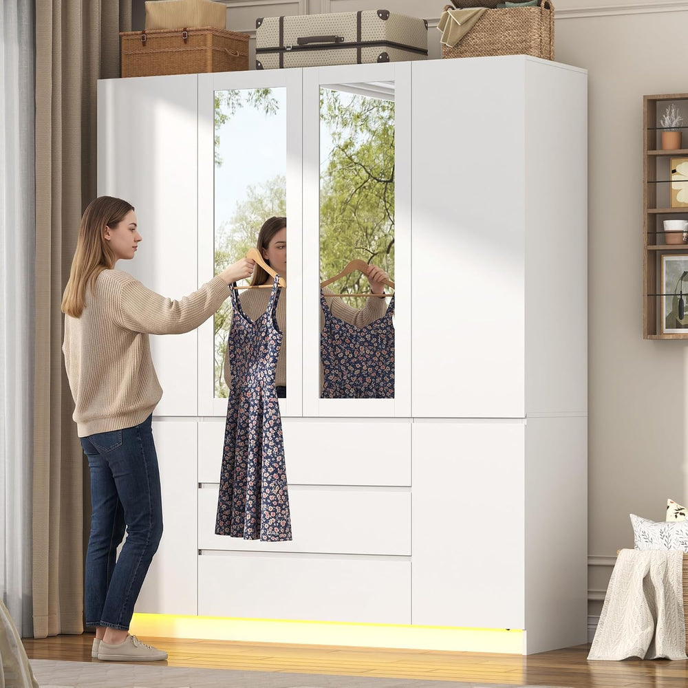 4 Doors Armoire Wooden Wardrobe Closet with 3 Drawers & 2 Mirror, 75&quot...