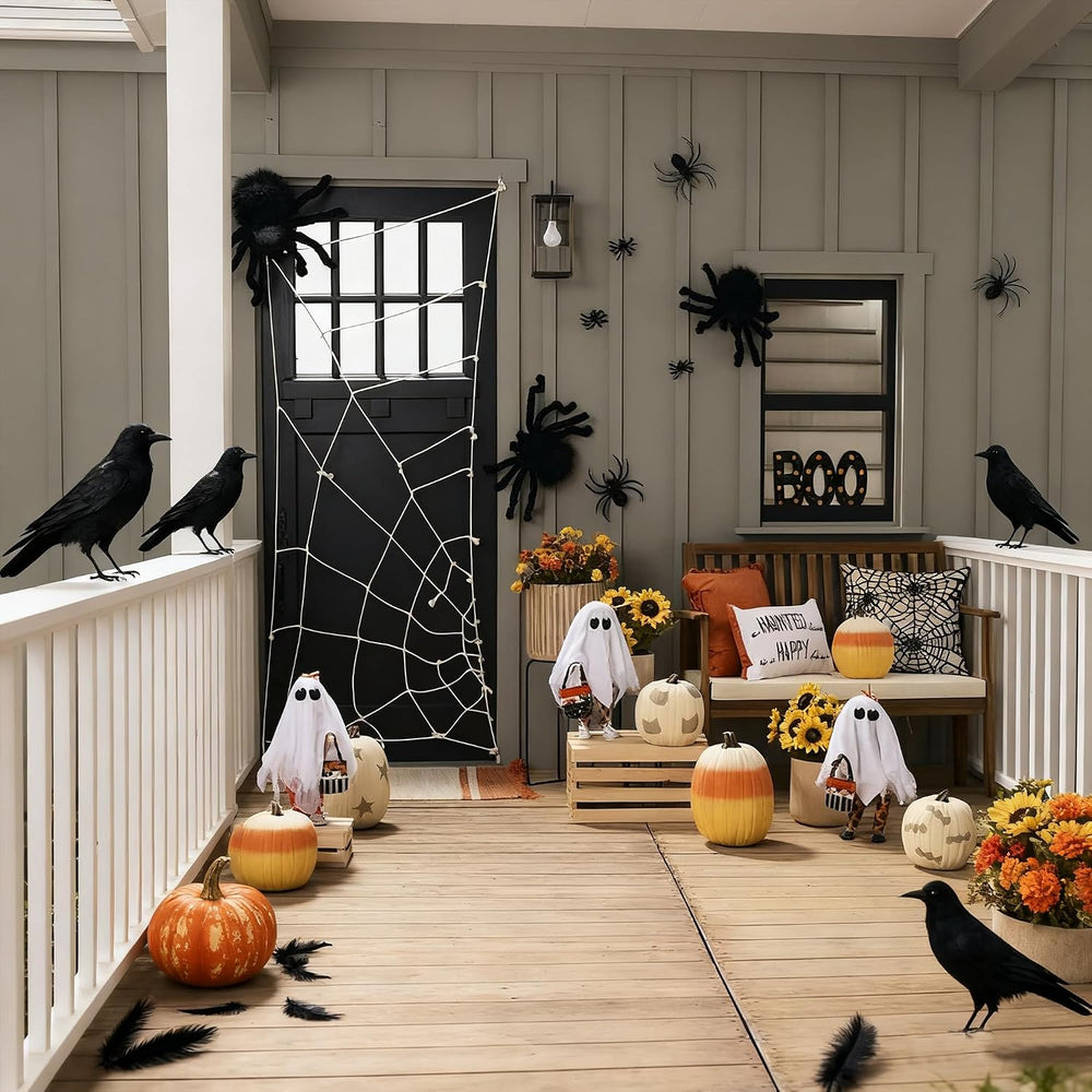 FUNPENY Halloween Black Feathered Crows, Lifelik Halloween Decoration Birds w...