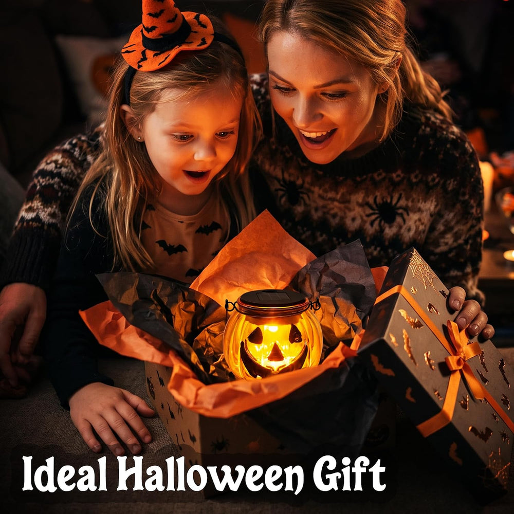 Brizled Halloween Pumpkin Solar Lantern, 2 Pack Glass Hanging Light Outdoor