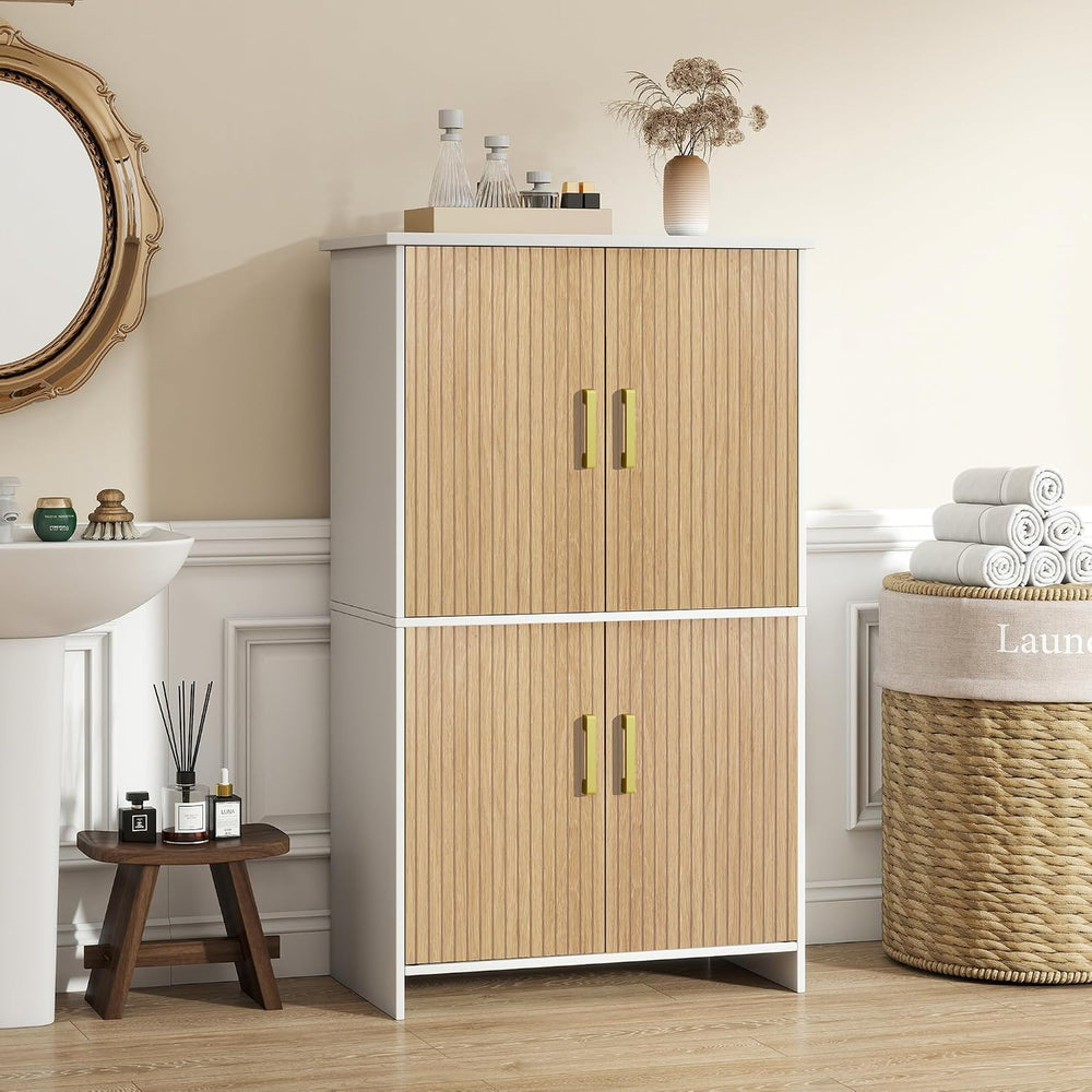 Bathroom Storage Cabinet, Floor Cabinet with 4 Fluted Doors and 2 Adjustable ...