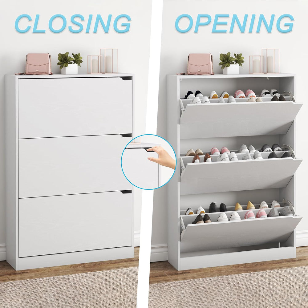 BORNOON Shoe Cabinet with 3 Flip Drawers, Hidden Wood Shoe Cabinet,Freestandi...