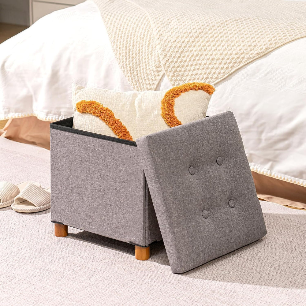B FSOBEIIALEO 15" Square Storage Ottoman with Tray, Wood Legs, Linen Grey