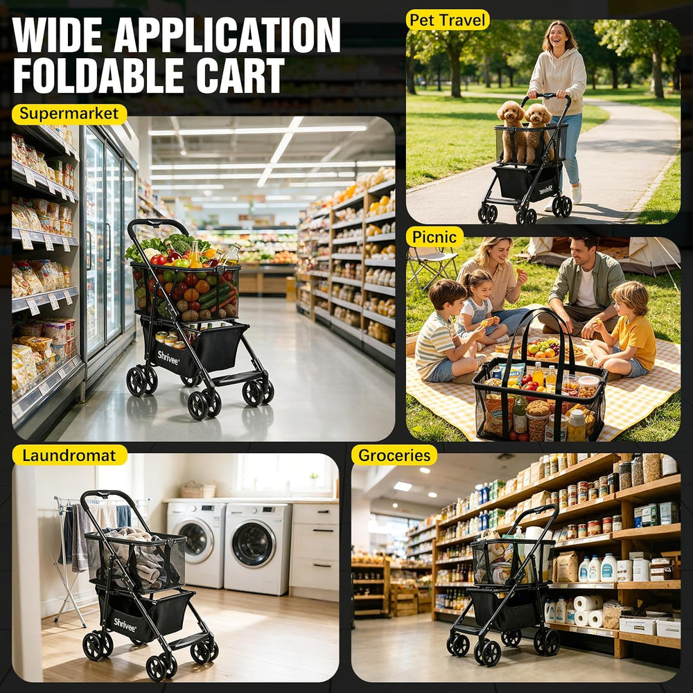 2 Tier Folding Shopping Cart with Removable Mesh Basket, Black