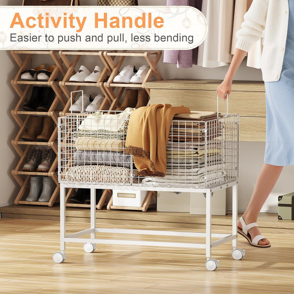 Large Rolling Laundry Basket Cart,Wire Laundry Hamper Cart with Handle and Wh...