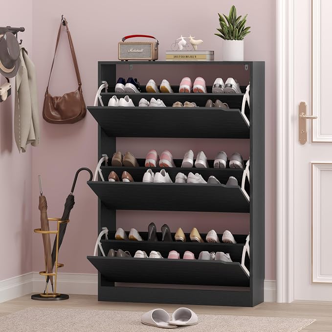 Shoe Storage Cabinet with 3 Flip Drawers, Narrow Shoe Rack Cabinet,