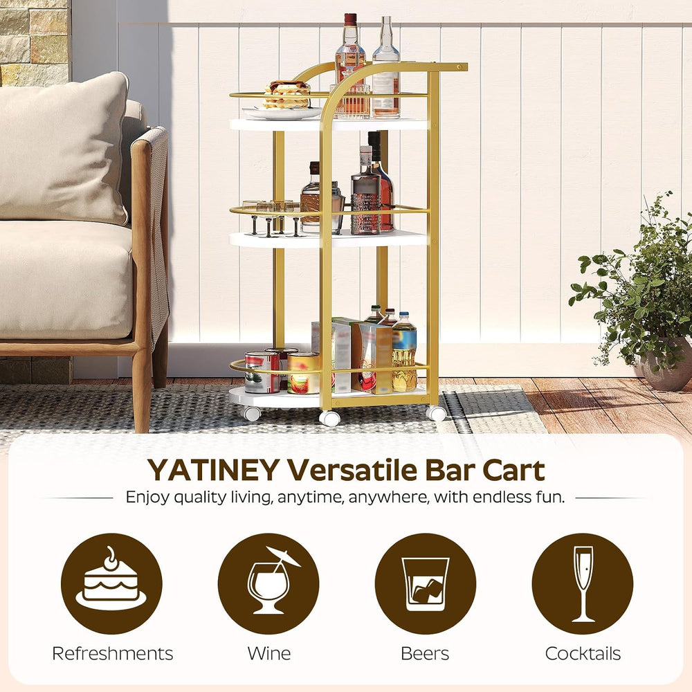YATINEY 3-Tier Bar Cart, Home Bar Serving Cart with Fence and Wheels, for Din...