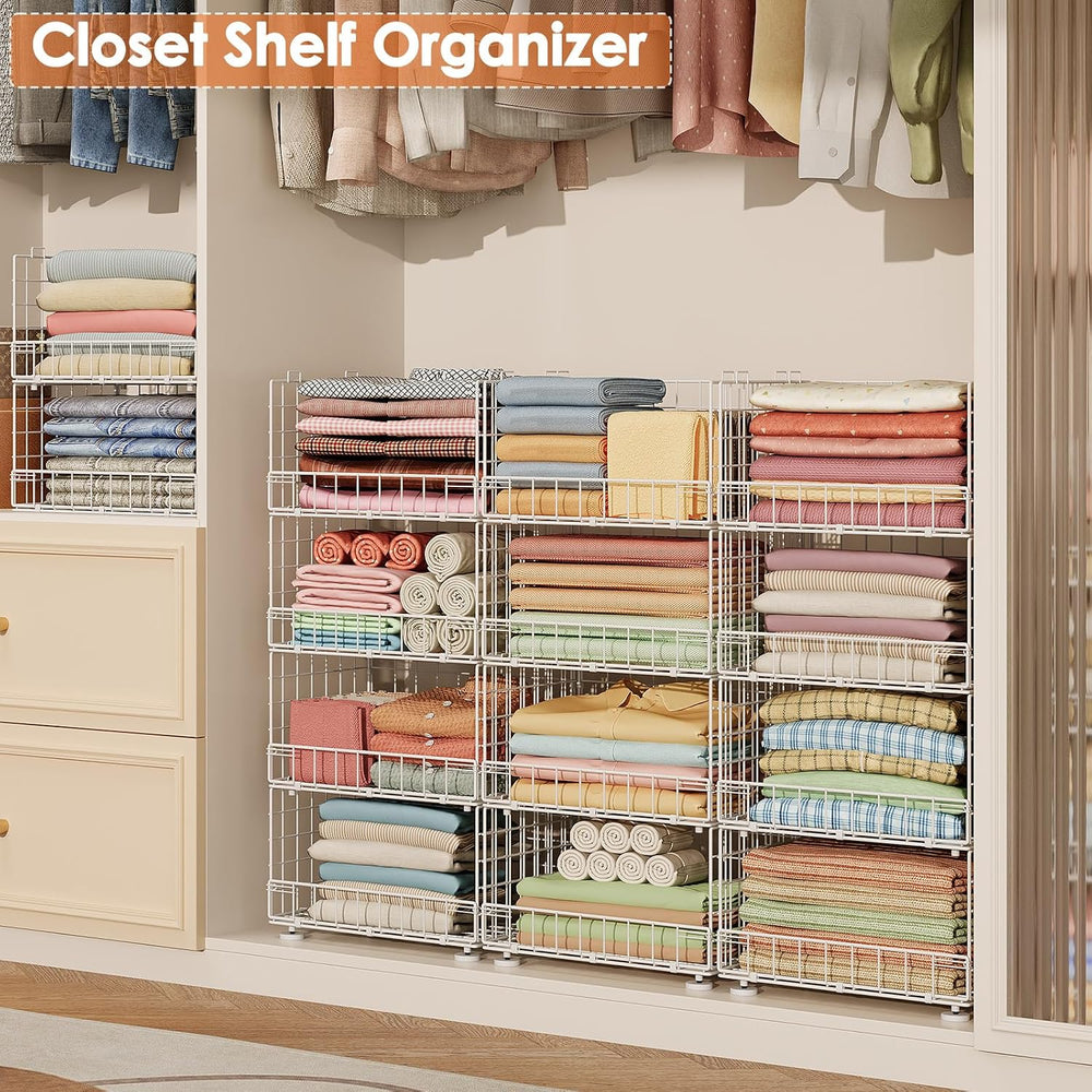 4-Tier Stackable Closet Organizers with Adjustable Feet, Foldable Closet Shel...